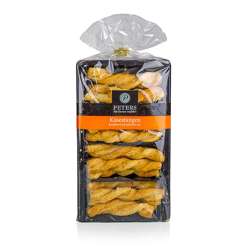 Close-up image of delicious 8cm long Käsestangen, Peters brand, 100g cheese sticks