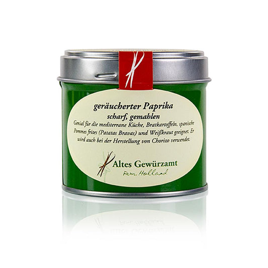 70g of Altes Gewürzamt's Paprika geräuchert, scharf (Pimenton de la Vera) in a vibrant red color, perfect for adding smoky, spicy flavor to your dishes