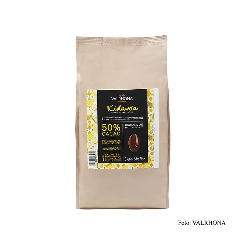 Valrhona Kidavoa Couverture (double-fermented) 50% cocoa, Callets, 3 kg - premium chocolate for baking and confectionery use (English)