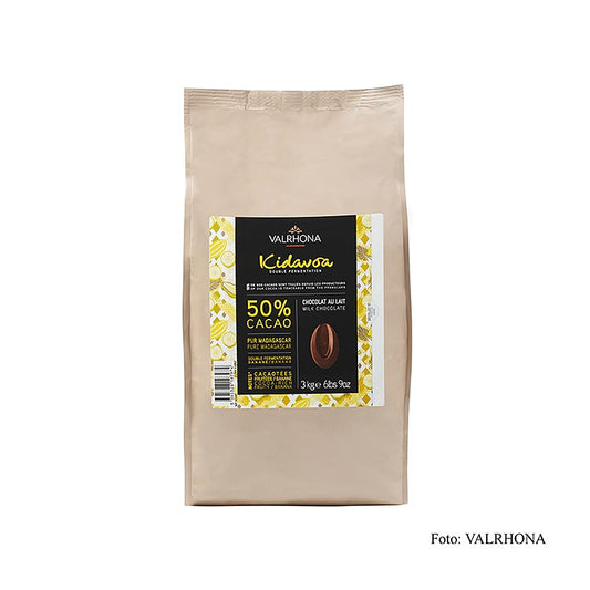 Valrhona Kidavoa Couverture 50% double-fermented chocolate callets in 3 kg packaging