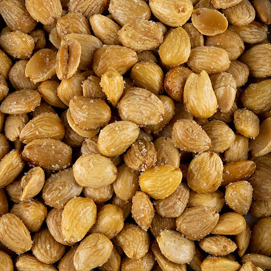 Large, peeled, and salted Marcona almonds in a 23 kg package