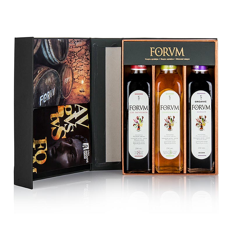 FORVM Geschenkset featuring 3 bottles of 750ml Cabernet-Sauvignon, Chardonnay, and Merlot, each 250ml