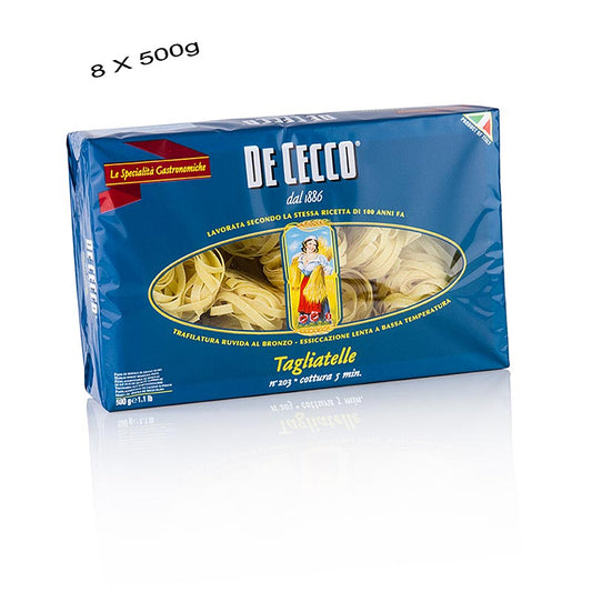 Long, golden De Cecco Tagliatelle pasta, No203, packaged in 8 convenient 500g bags, totaling 4 kg (English)