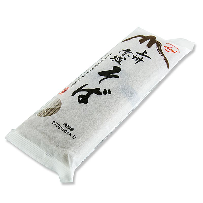 270g package of Akagi Joshu Soba Nudeln made with dark, 1mm, 20cm long noodles using a blend of buckwheat and wheat flour