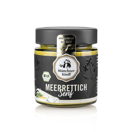 A 125g jar of Münchner Kindl Meerrettichsenf, a vegan and organic horseradish mustard