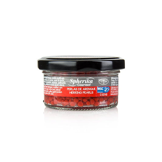 Herings Perlen, rot, wie Kaviar/ Sphären, Spherika Gourmet, 50 g - premium red fish roe pearls in a jar