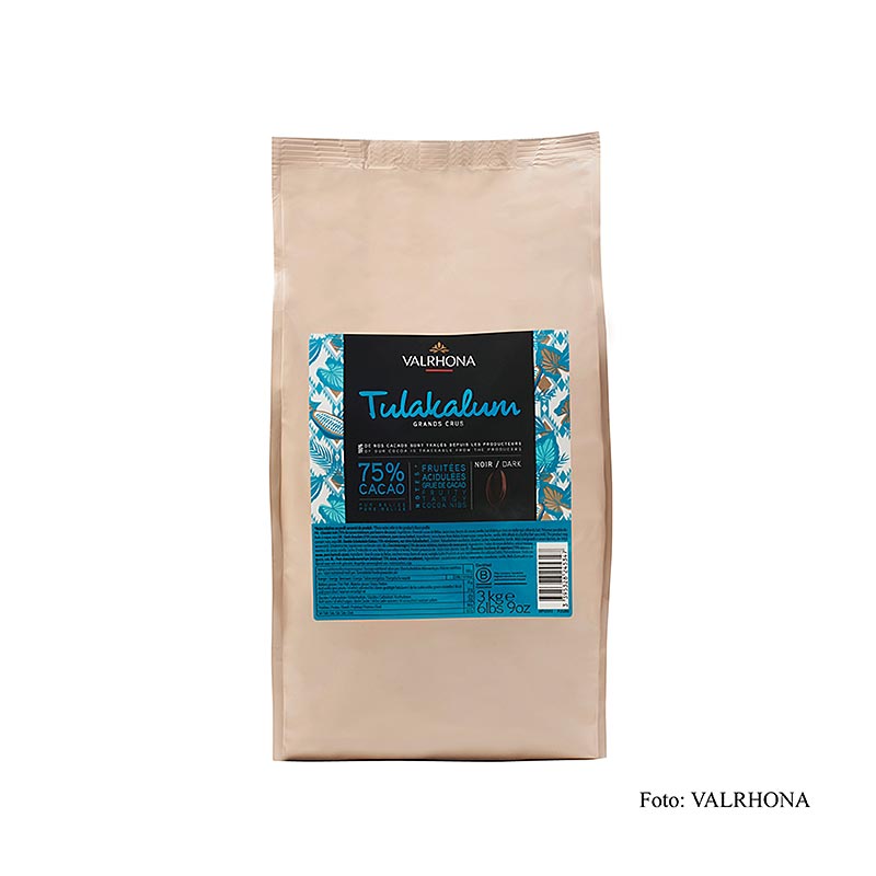 Valrhona Tulakalum 75% Kakao dunkle Couverture Callets, 3 kg packaging on white background