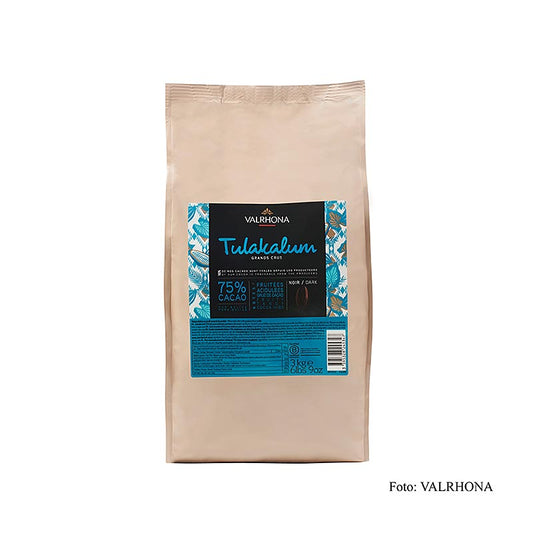 Valrhona Tulakalum 75% Kakao dunkle Couverture Callets, 3 kg packaging on white background