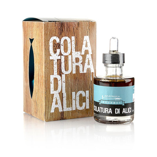 Alt text: Colatura di Alici Sardellensauce Pipettenflasche Acquapazza 50 ml Produktbild für die traditionelle italienische Fischsauce