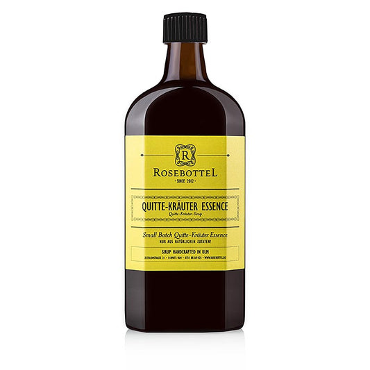 Glass bottle of 500 ml Rosebottel Quitte Kräuter Essence Sirup, a herbal syrup made from quince, with a label showcasing its natural ingredients and traditional production process