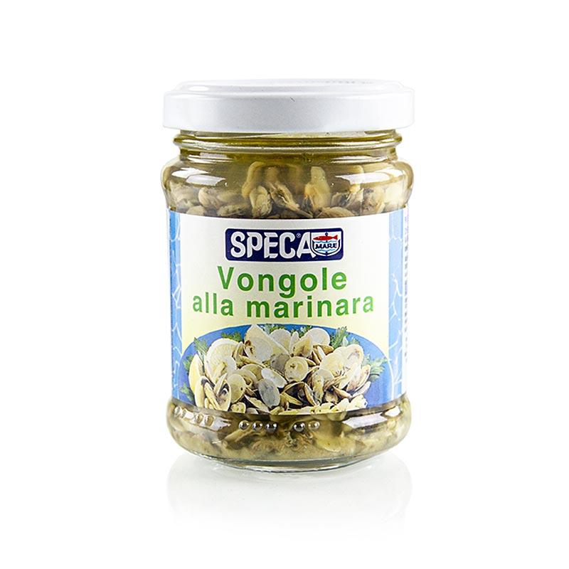 Close-up of marinated Vongole Muscheln (clams) in a 130g Speca product package