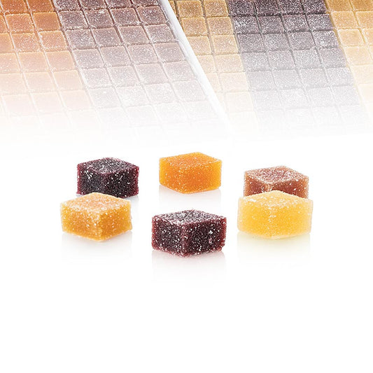 Valrhona Pate de Fruits, a 18 kg box containing 192 pieces of 6 assorted fruit jellies in 6 different flavors, including a variety of natural fruit purees