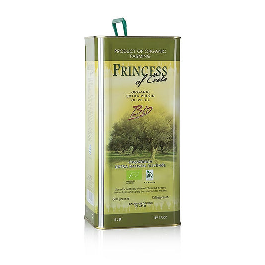 Organic 5 liter Olivenöl Plora - Princess of Crete from Greece, showcasing the beautiful product packaging and natural, high-quality olive oil