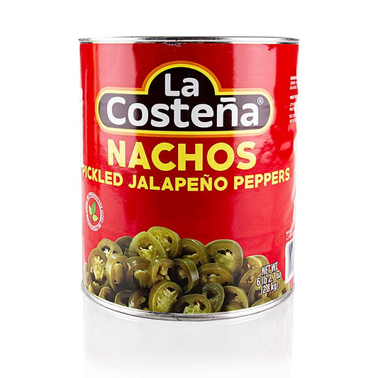 German:

Großpackung geschnittene Jalapenos von La Costena, ideal zum Würzen von Gerichten, 2,8 kg