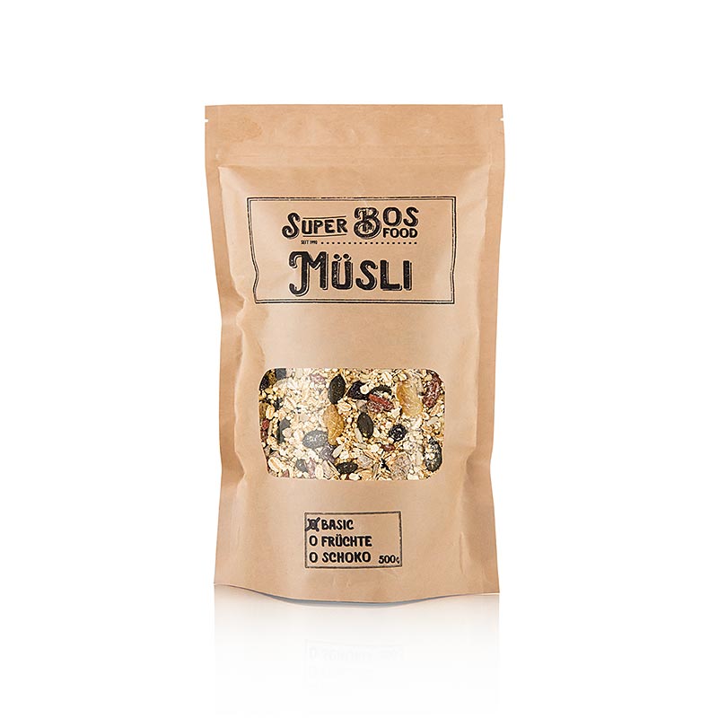 Alt text: A 500g package of BOS FOOD Super Müsli - Basic, a nutritious and delicious blend of grains, seeds, and dried fruits for a healthy breakfast option