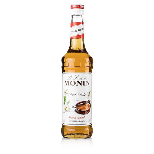 A 700 ml bottle of Monin Creme Brulee Sirup, perfect for adding a rich and creamy caramel flavor to your favorite beverages and desserts