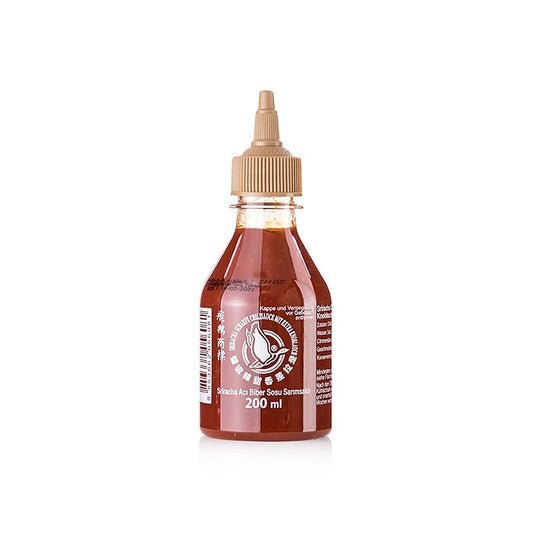 Chili-Sauce - Sriracha, scharf, mit extra Knoblauch, in einer Squeeze Flasche von Flying Goose, 200 ml, ideal zum Würzen von Gerichten