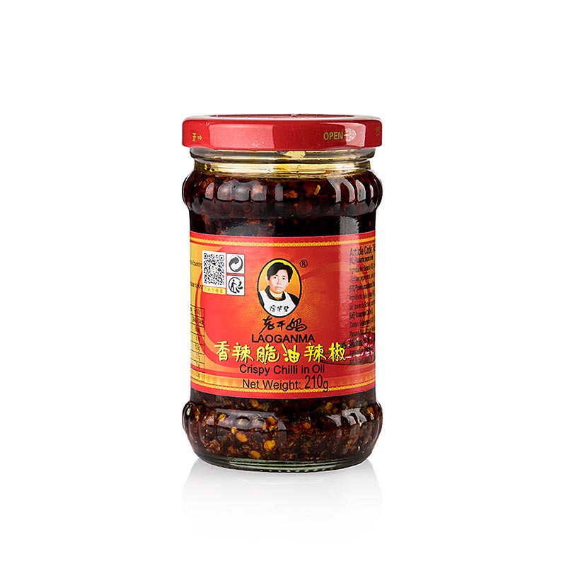 Alt text: A 210g jar of Lao Gan Ma Crispy Chili Oil with whole chilies in oil and crispy onions, a popular Chinese condiment 

Language: English