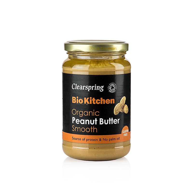 A 350g jar of Clearspring organic smooth peanut butter, also known as Erdnusspaste or Pindakaas, labeled as BIO