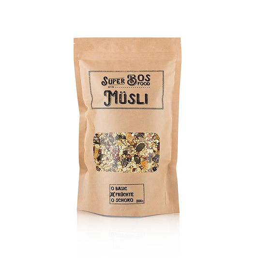 A 500g package of BOS FOOD Super Müsli with a variety of fruits, perfect for a healthy and delicious breakfast option