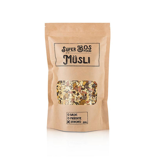 A 500g package of BOS FOOD Super Müsli - Schoko, featuring a delicious and nutritious chocolate-flavored blend of grains, nuts, and seeds