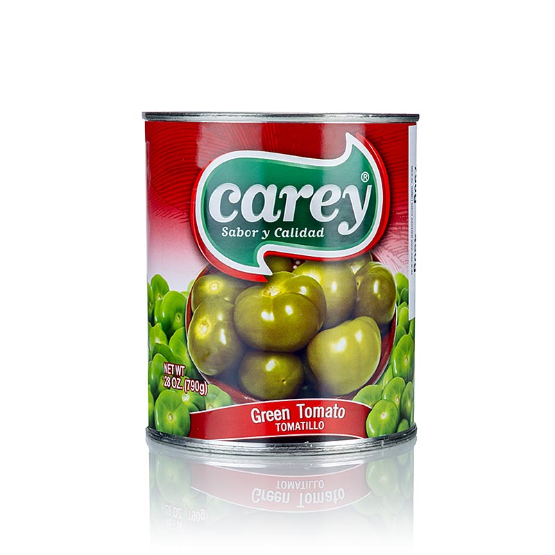 Alt text: A close-up image of a 800 g can of whole green tomatillos, also known as grüne Tomaten, with vibrant green color and fresh appearance