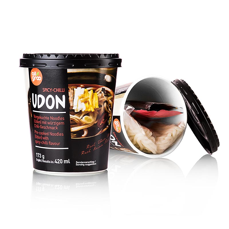 Instant Udon Cup Nudeln, Spicy Chili (scharf), Südkorea, Allgroo, 173 g - traditionelle koreanische Nudelsuppe in praktischer Tassenverpackung mit scharfer Chili-Geschmack, ideal für unterwegs