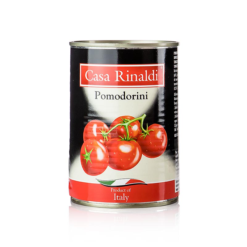 Rote und reife Cherrytomaten, ganz und sorgfältig ausgewählt, in einer 400 g Dose von Casa Rinaldi