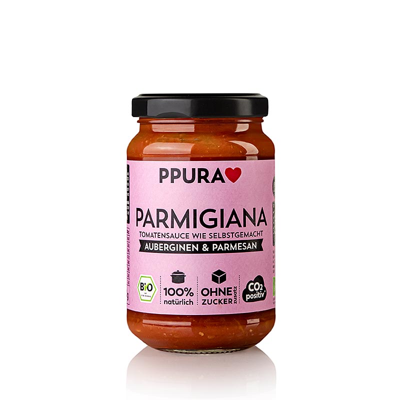 Ppura Sugo Parmigiana - mit Auberginen, Tomaten und Parmesan, BIO, 340 g: Köstliche Bio-Sauce mit Auberginen, Tomaten und Parmesan in 340 g Verpackung