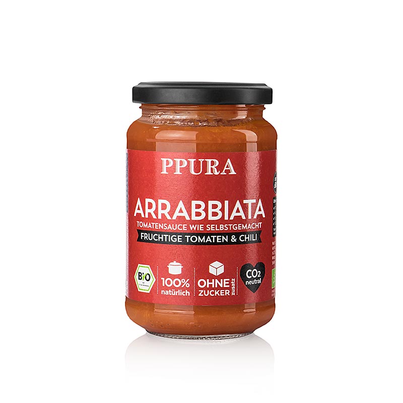 Organic Ppura Sugo Arrabbiata - with tomatoes, garlic, and chili, 340g, perfect for spicy pasta dishes