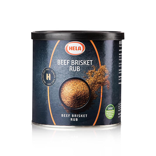 Alt text: HELA Rub Beef Brisket BBQ, Gewürzzubereitung, scharf, 450 g - A spicy seasoning blend for beef brisket barbecue, 450 grams