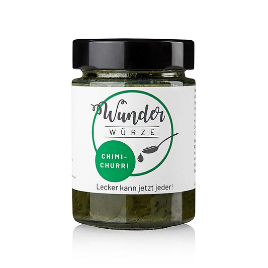 Photo of Wunderwürze Chimichurri Marinade, a 165 g eatventure product, in a glass jar with a green label and fresh herbs and spices, perfect for grilling and marinating meats and vegetables (English)