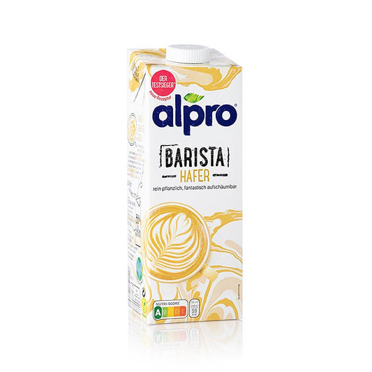 A 1 liter carton of Alpro Haferdrink Barista for Professionals, a high-quality oat milk alternative designed for use by professional baristas in coffee shops and cafes