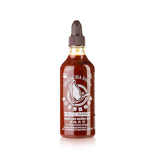 Flasche Sriracha Chili-Sauce mit scharfem schwarzen Pfeffer, 455 ml, Flying Goose