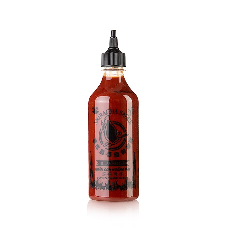 Alt text: A 455 ml bottle of Flying Goose Sriracha Chili Sauce, known for its brutally spicy flavor, featuring the Blackout label design