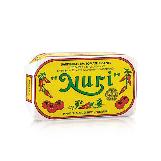 Sardinen, ganz, in Olivenöl & pikTomatensauce, 3-5 Stück, Nuri (Portugal), 125 g - authentic Portuguese sardines in flavorful olive oil and spicy tomato sauce, 3-5 whole pieces, 125 grams