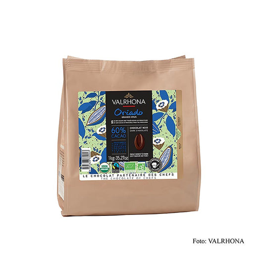 Valrhona Oriado, Couverture Dunkel 60%, Callets, BIO, 1 kg - Premium organic dark chocolate callets in 1 kg packaging (English)