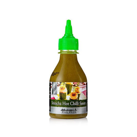 200 ml bottle of Thai Pride Sriracha green chili sauce, spicy and flavorful (English)