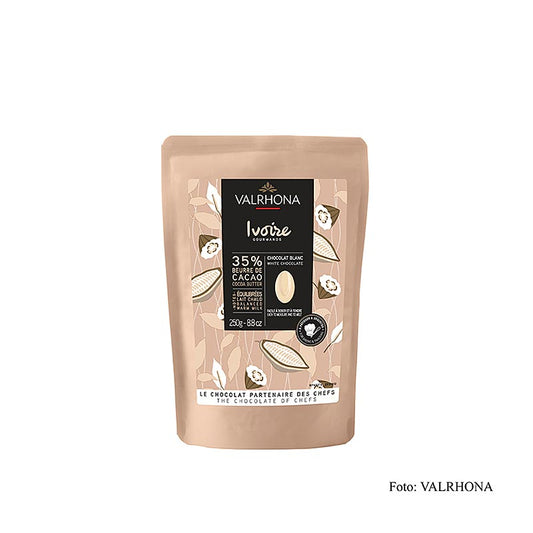 Valrhona Ivoire white couverture chocolate callets, 250g, 35% cocoa butter content