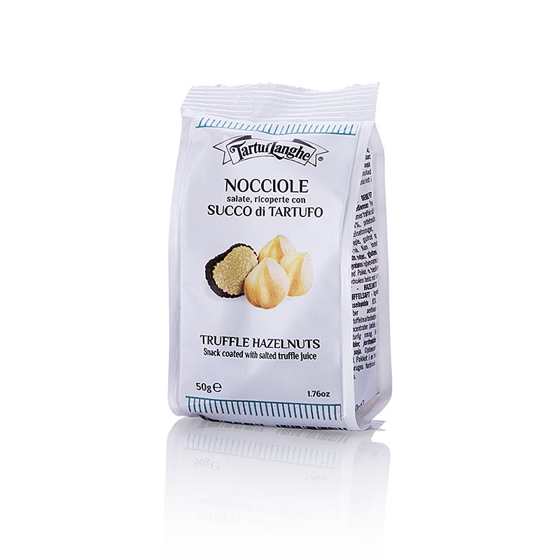 Indulge in the unique flavor of Tartuflanghe Barsnack Haselnüsse mit Trüffelsaft überzogen, 50 g, with rich truffle-infused hazelnuts perfect for snacking