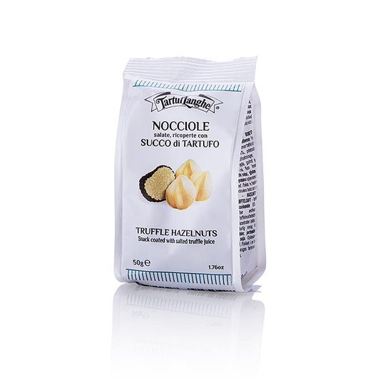 Indulge in the unique flavor of Tartuflanghe Barsnack Haselnüsse mit Trüffelsaft überzogen, 50 g, with rich truffle-infused hazelnuts perfect for snacking