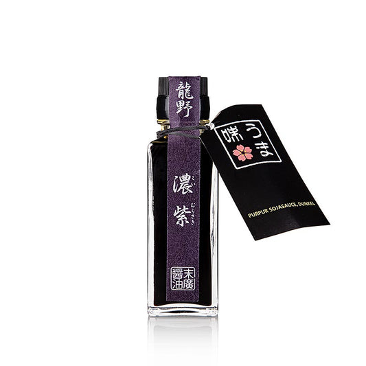 Alt text: Murasaki or purple Shoyu Soja-Sauce from Suehiro, 100 ml bottle, dark and rich Sandanshikomi variety (English)