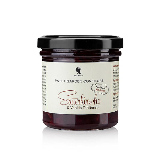 Fruchtiger Sauerkirsch- und exotischer Tahiti-Vanille-Fruchtaufstrich von Sweet Garden Confiture, Mea Rosa, 180 g