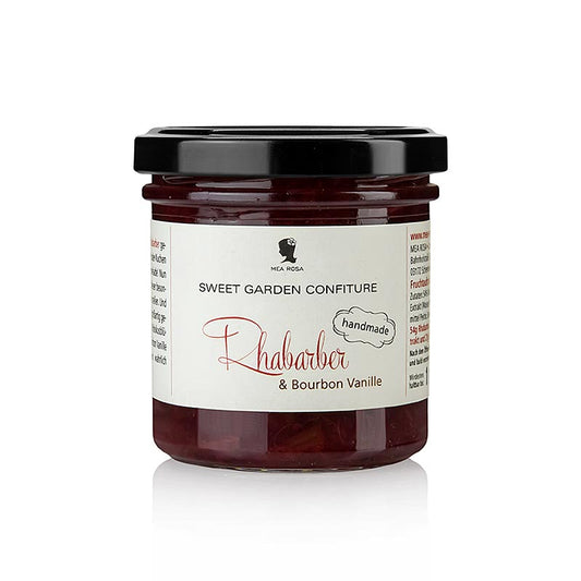 Ein Glas mit 180 g Mea Rosa Sweet Garden Confiture - Rhabarber & Bourbon Vanille Fruchtaufstrich