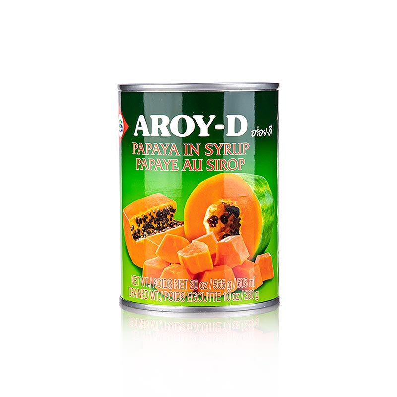 Alt text: Aroy-D 565g Papaya Stücke in Sirup product packaging with vibrant tropical fruit illustration on label