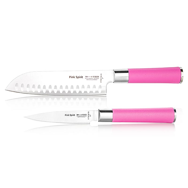 German

Alt-Text: Hochwertiges 2-teiliges Pink Spirit Messer Set von Dick, bestehend aus einem Officemesser und einem Santoku mit Kullenschliff