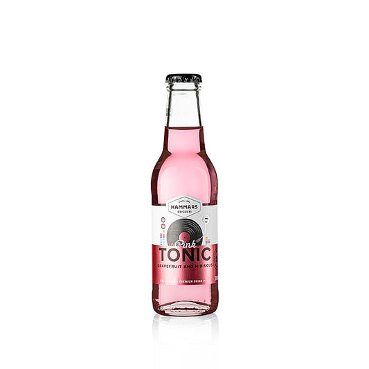 A 200 ml bottle of Hammars Tonic Pink Grapefruit & Hibiscus from Sweden is shown in the image, featuring a refreshing and citrusy tonic with a hint of floral hibiscus notes