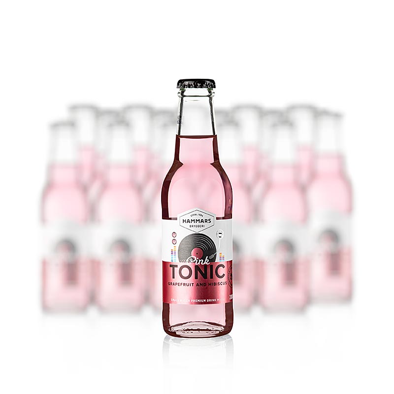 Alt text: Large 36 liter package of Hammars Tonic Pink Grapefruit & Hibiscus, Schweden, containing 18 x 200ml bottles, perfect for refreshing drinks (English)