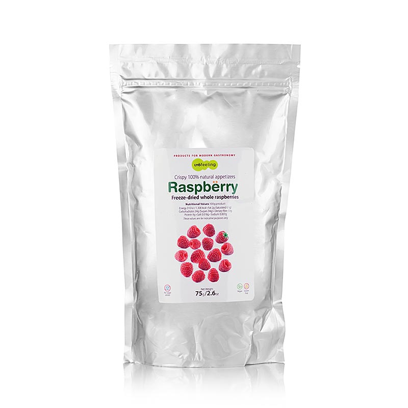 German

Alt text: TÖUFOOD LYOFËELING RASPBËRRY, gefriergetrocknete Himbeeren, ganz, 75 g - Eine Packung gefriergetrockneter Himbeeren, die vollständig und natürlich sind, mit einem Gewicht von 75 Gramm