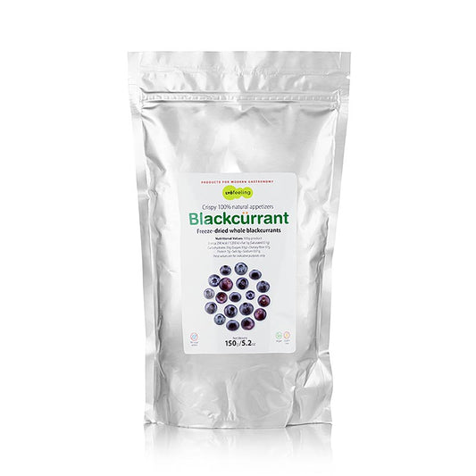 Close-up image of TÖUFOOD LYOFËELING BLACKCÜRRANT, 150g, showing whole freeze-dried blackcurrants in a resealable pouch